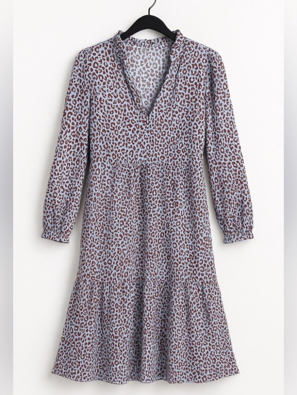 Light Blue Leopard Print Tiered Midi Dress